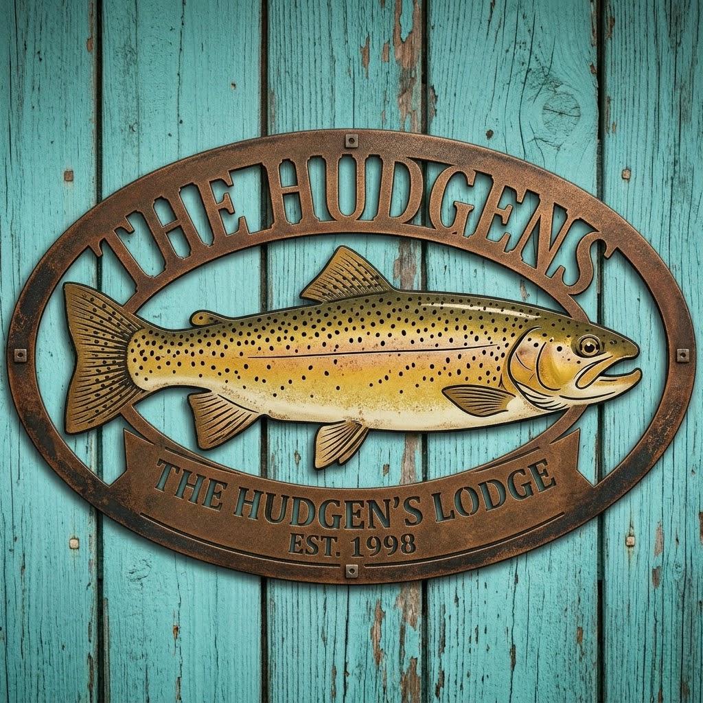 Personalized Fishing Lodge Trout Sign – Custom Family Name Est. Date Cabin Decor, Gift For Fisherman