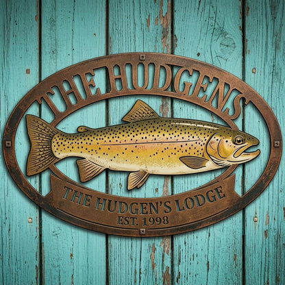 Personalized Fishing Lodge Trout Sign – Custom Family Name Est. Date Cabin Decor, Gift For Fisherman