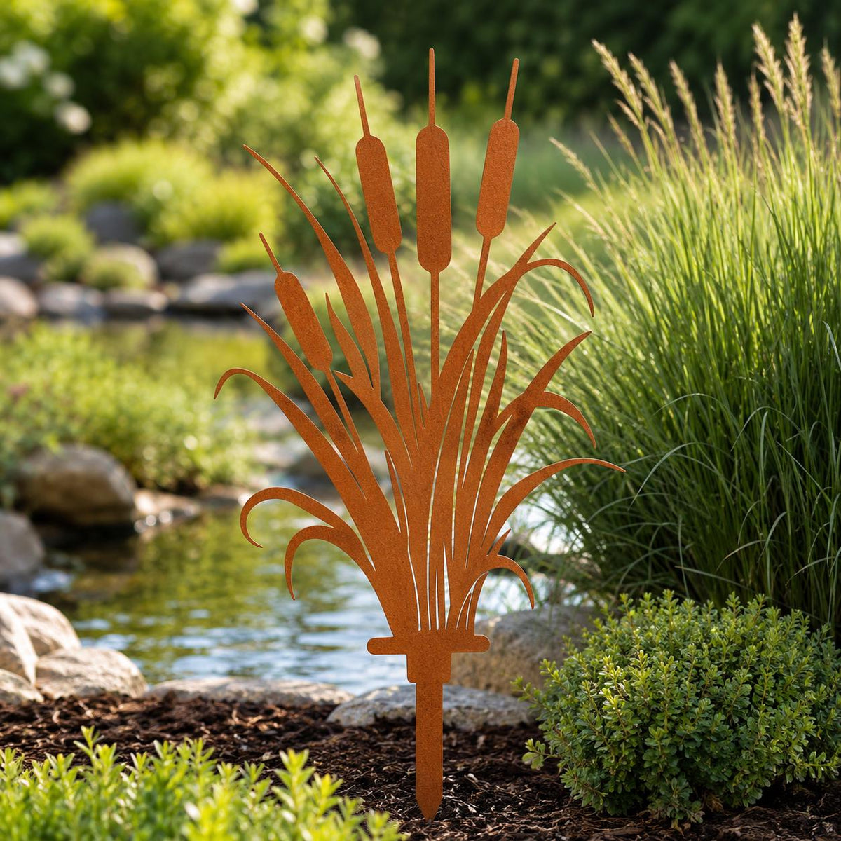 Rustic Metal Cattail Garden Stake – Pondside Botanical Yard Sculpture, Gift For Nature Lover