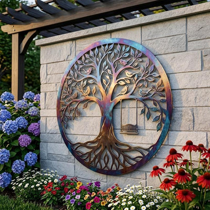Tree Of Life Metal Wall Art – Birds & Swing Round Family Sign, Large Garden Gift