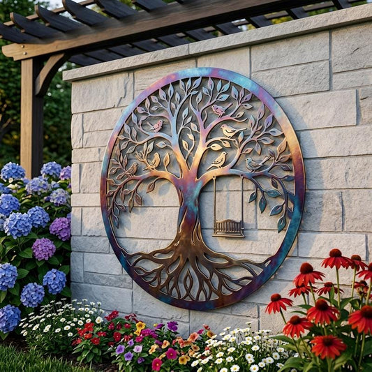 Tree Of Life Metal Wall Art – Birds & Swing Round Family Sign, Large Garden Gift