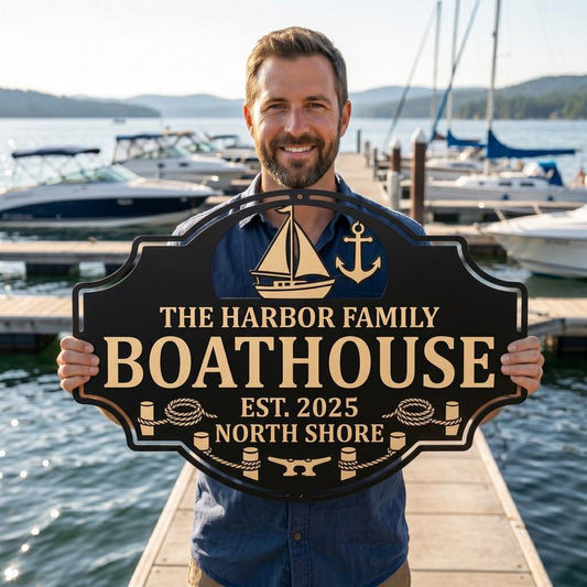 Personalized Boathouse Sign – Custom Family Name Nautical Wall Plaque, Lake House Gift