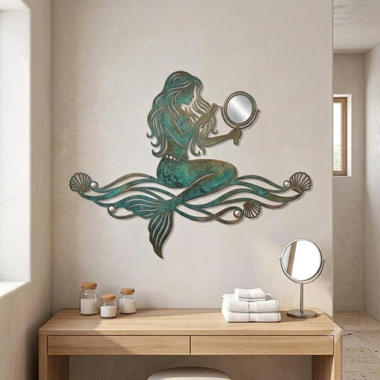 Mermaid Metal Wall Art – Verdigris Coastal Bathroom Decor With Seashells, Gift For Mermaid Lover