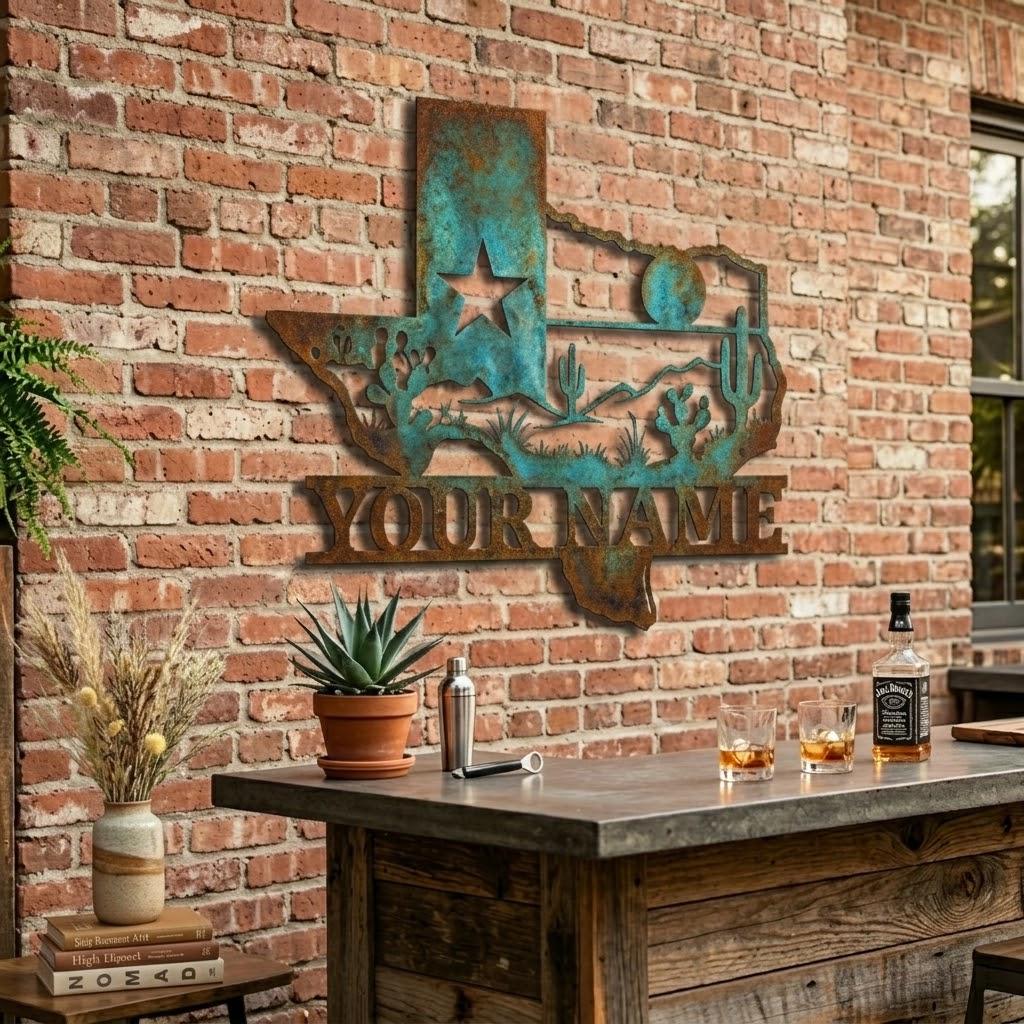 Personalized Texas State Metal Sign – Custom Name Desert Cactus Wall Decor, Housewarming Gift