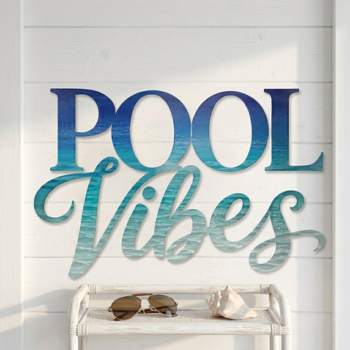 Pool Vibes Ocean Gradient Metal Sign – Coastal Beach House Wall Art, Summer Patio Decor