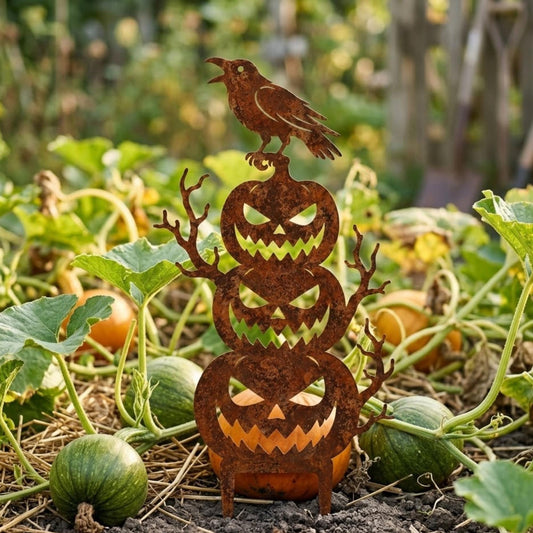 Stacked Jack-o-lantern Raven Garden Stake – Spooky Halloween Metal Sign, Gift For Fall Decor Lover