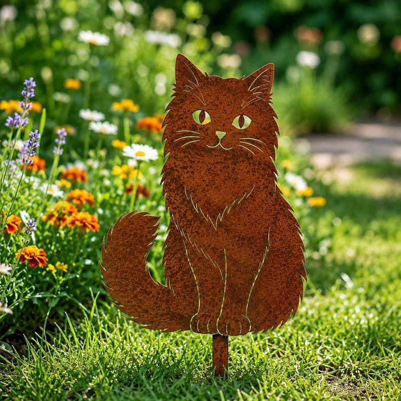 Rusted Cat Garden Stake – Rustic Metal Yard Art, Gift For Cat Lover Or Garden Decor
