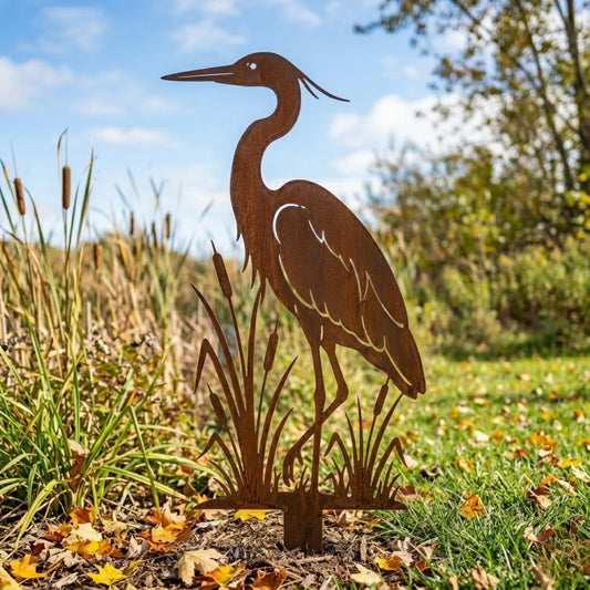Rusted Heron Garden Stake – Cattail Pond Metal Yard Art, Gift For Bird Lover Or Lake House Decor