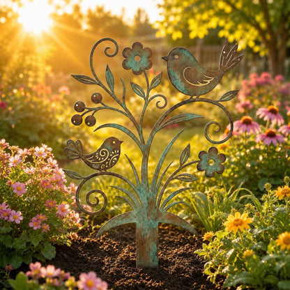 Bird And Flower Metal Garden Stake – Floral Nature Yard Art, Gift For Gardener