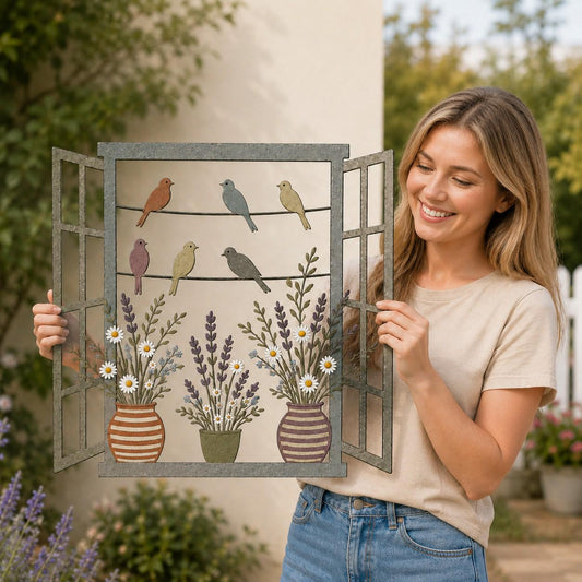 Birds On A Window Metal Wall Art – Colorful Floral Cottage Decor, Gift For Bird Lovers