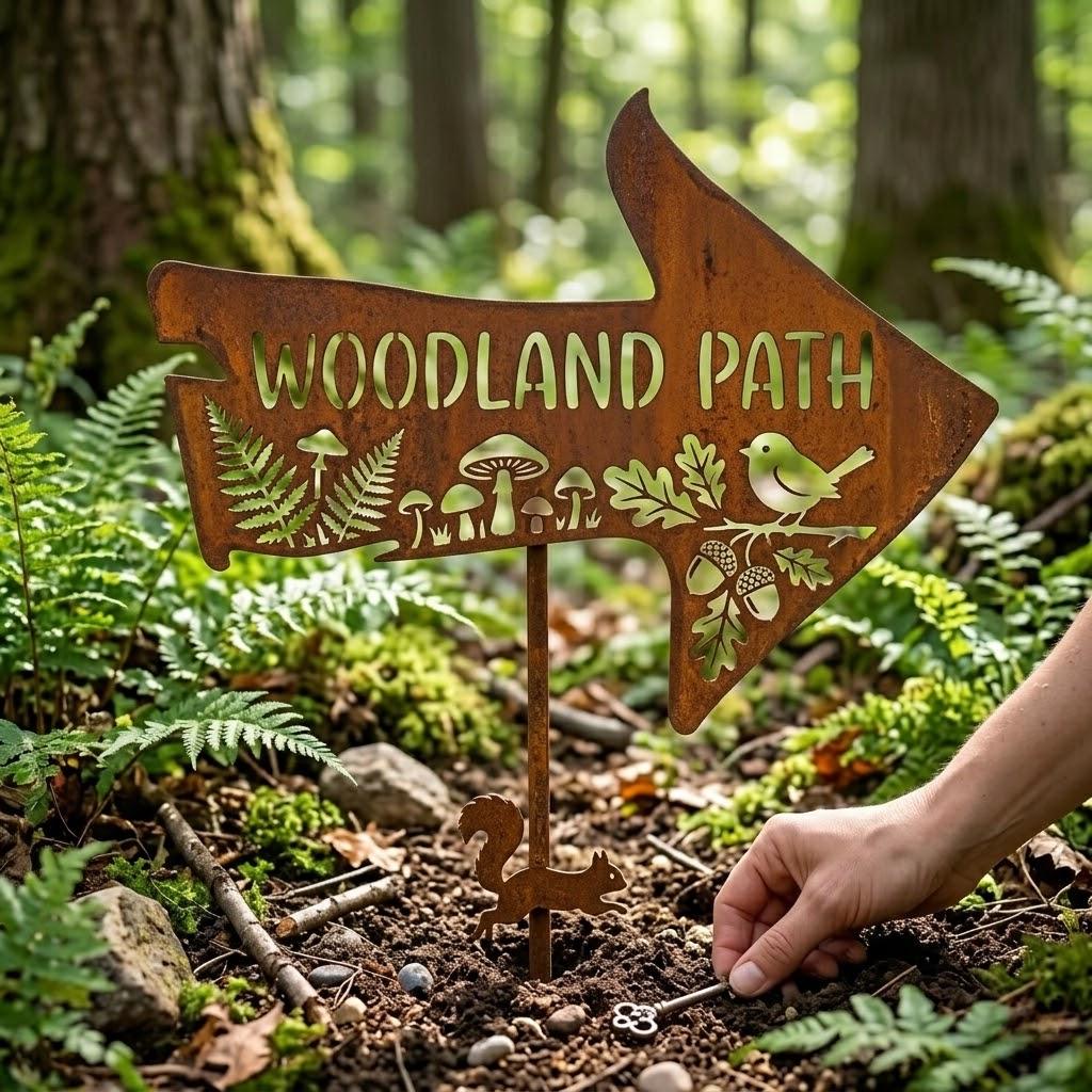 Woodland Path Arrow Garden Sign – Rustic Forest Trail Decor, Gift For Fairy Garden Or Nature Lover