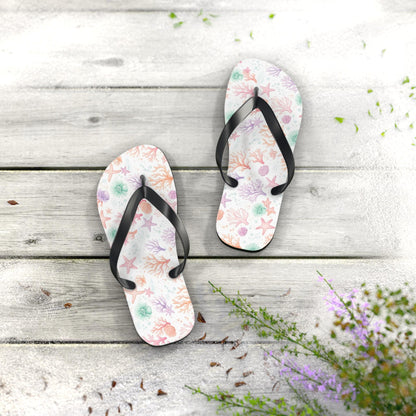 Pastel Seashells Flip Flops — Coral Starfish Beach Pattern Sandals