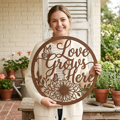 Love Grows Here Round Metal Sign – Rustic Sunflower Butterfly Wall Art, Garden Gift