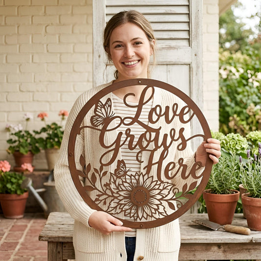Love Grows Here Round Metal Sign – Rustic Sunflower Butterfly Wall Art, Garden Gift