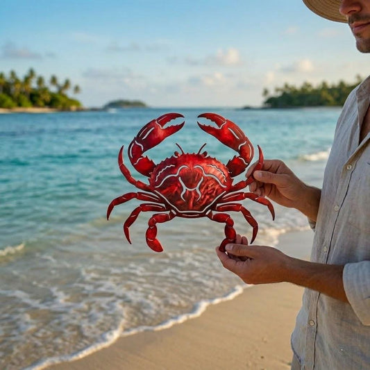 Red Metal Crab Sculpture – Coastal Beach Wall Art, Gift For Beach House Decor