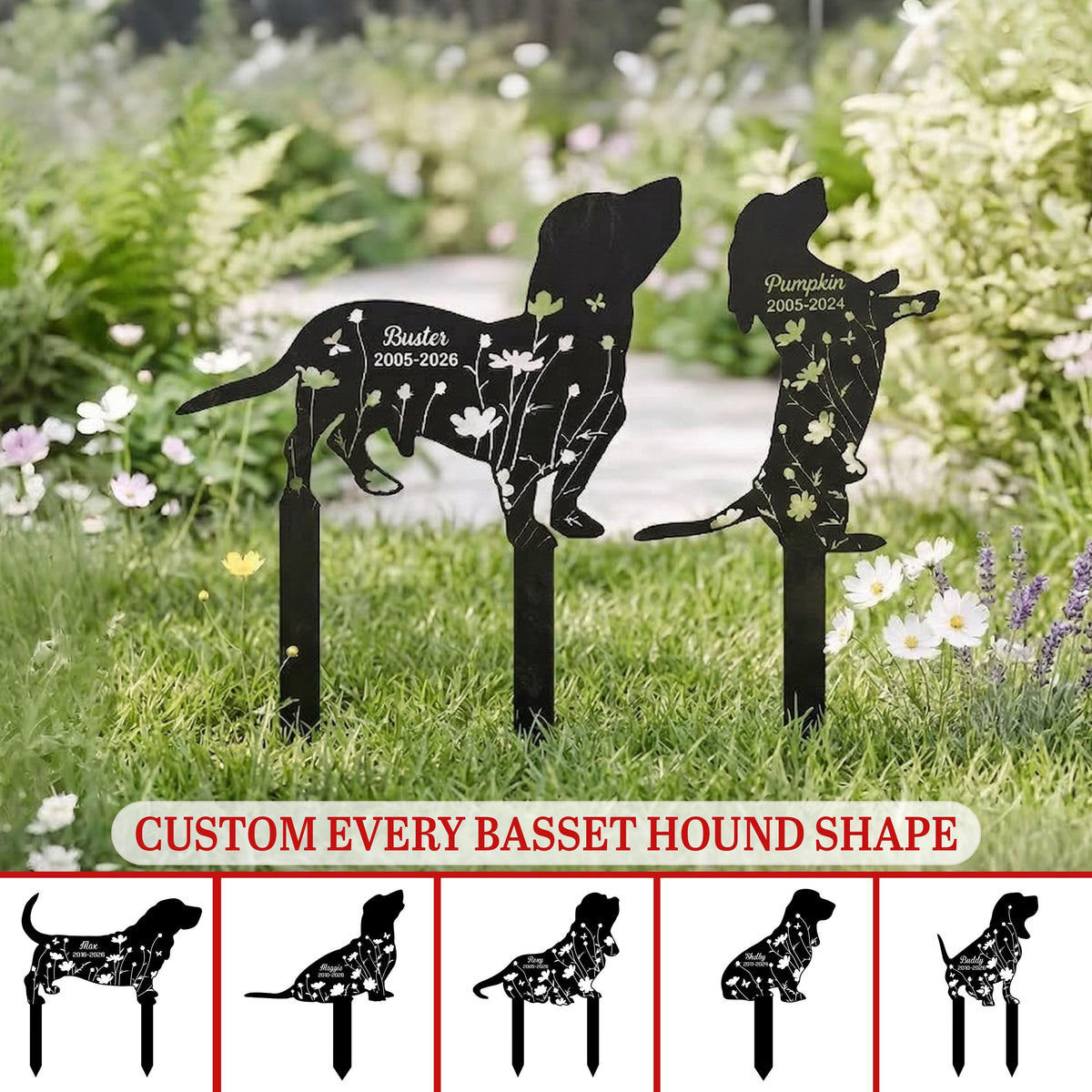 Personalized Basset Hound Memorial Stake – Custom Name Dog Grave Marker, Gift For Dog Lover