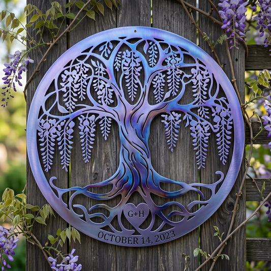 Personalized Wisteria Tree Metal Sign – Custom Initials & Wedding Date Wall Art, Anniversary Gift For Couples