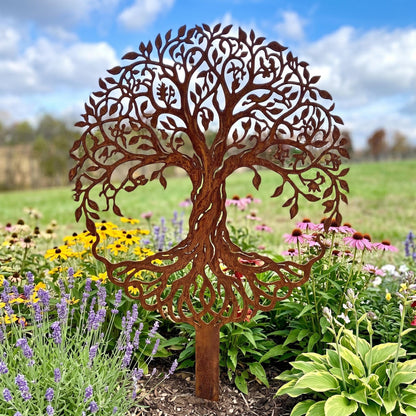 Tree Of Life Rusted Metal Garden Stake – Standing Yard Art Sculpture, Gardener Gift