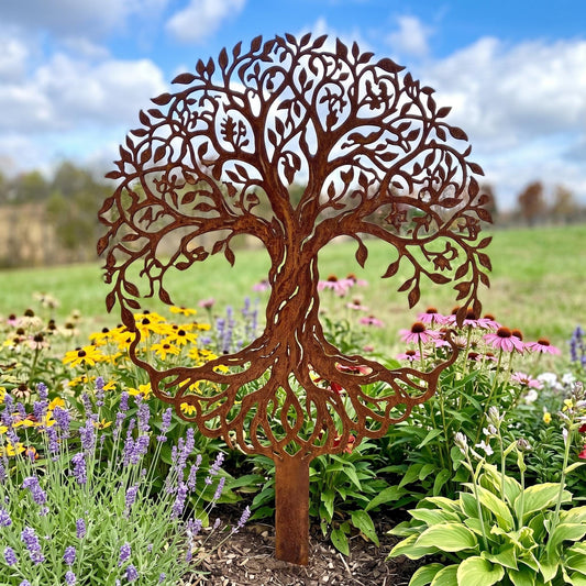 Tree Of Life Rusted Metal Garden Stake – Standing Yard Art Sculpture, Gardener Gift