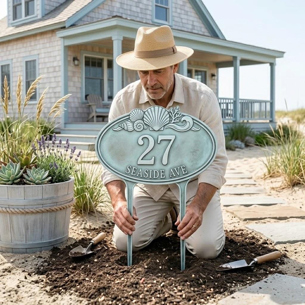 Personalized Coastal Address Sign – Custom House Number Seashell Yard Stake, Beach House Gift