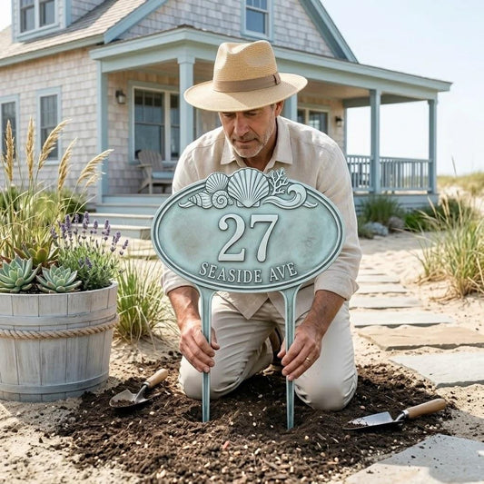 Personalized Coastal Address Sign – Custom House Number Seashell Yard Stake, Beach House Gift