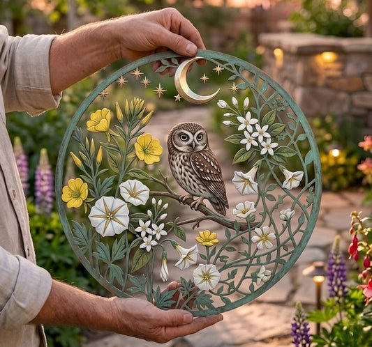 Owl Metal Wall Art – Floral Moon & Stars Round Garden Sign, Cottage Decor Gift For Nature Lovers
