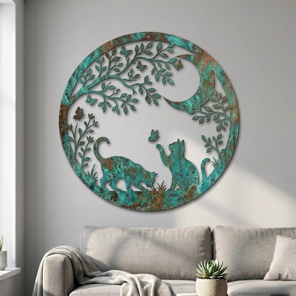 Cats Playing Under Moon Metal Wall Art – Rustic Patina Butterfly Tree Sign, Gift For Cat Lovers