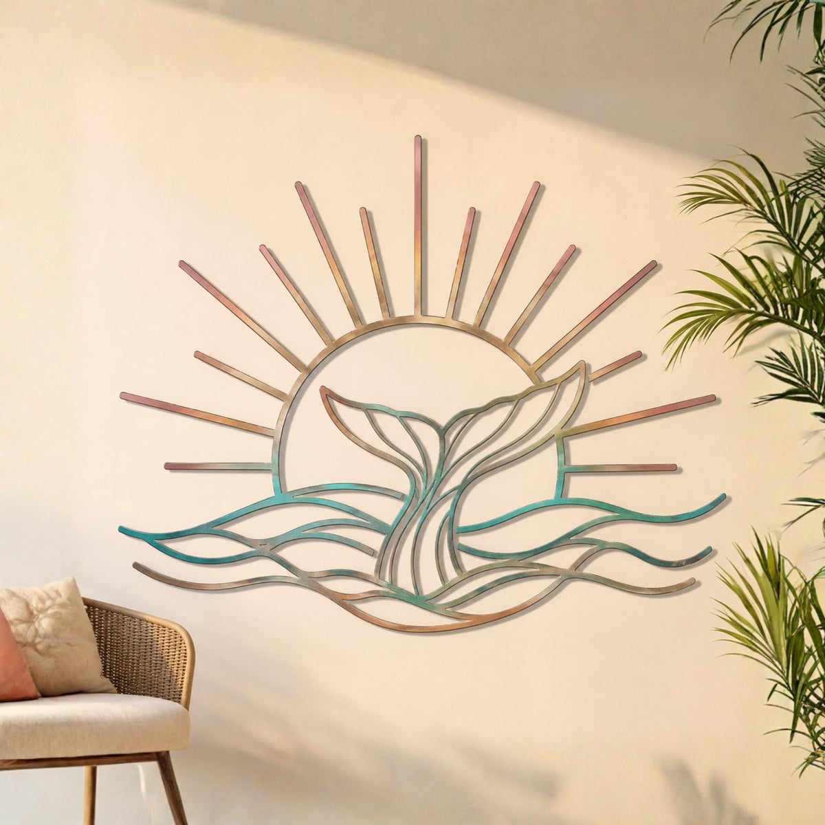 Whale Tail Sunset Metal Wall Art – Ocean Wave Sign, Gift For Ocean Lover