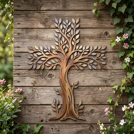 Tree Of Life Cross Metal Wall Art – Rustic Botanical Farmhouse Decor, Gift For Nature Lovers