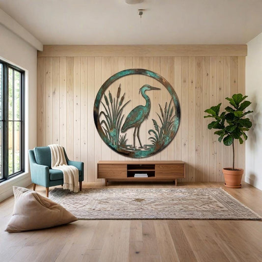 Round Heron Metal Wall Art – Rustic Patina Wetland Cattails Decor, Gift For Coastal Or Living Room