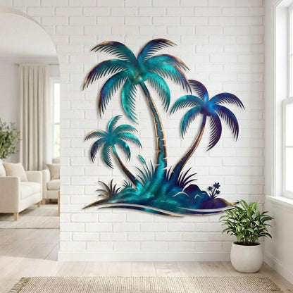 Palm Tree Metal Wall Art – Blue Patina Tropical Island Sign, Gift For Beach House Decor