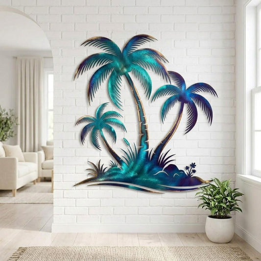 Palm Tree Metal Wall Art – Blue Patina Tropical Island Sign, Gift For Beach House Decor