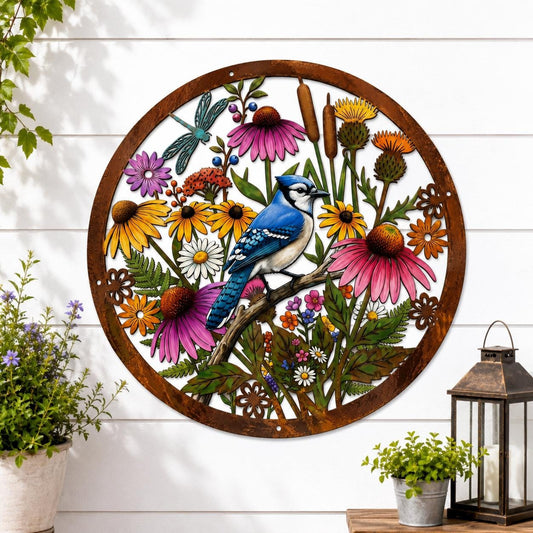 Blue Jay Metal Wall Art – Wildflower Round Garden Sign, Gift For Bird Lover