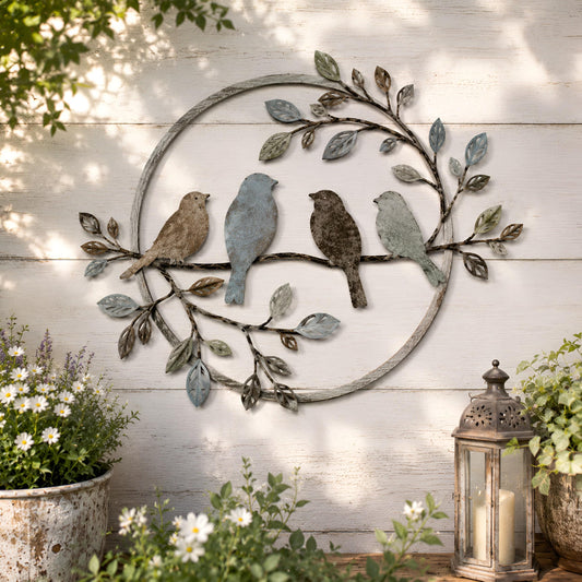 Birds On A Branch Metal Wall Art – Rustic Cottage Garden Decor, Gift For Bird Lovers