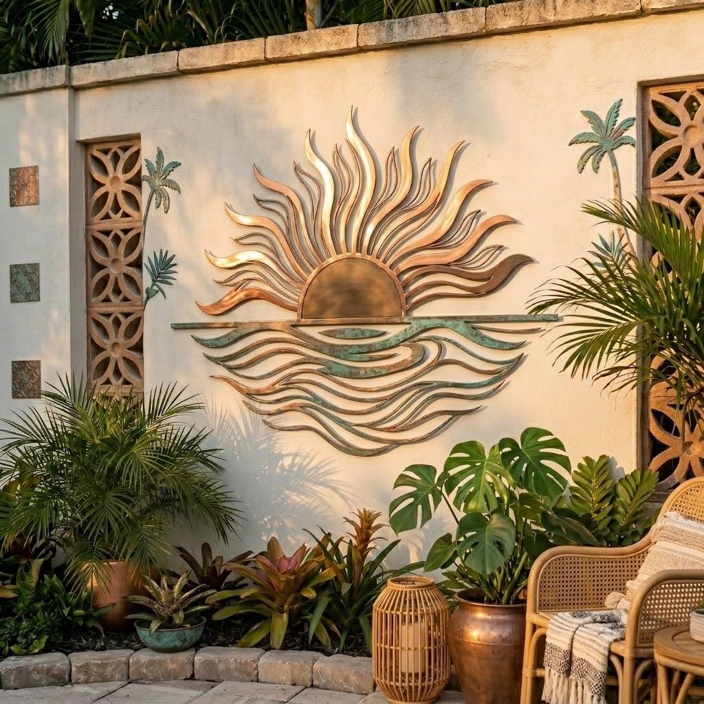 Sun & Ocean Metal Wall Art – Coastal Sunset Wave Decor, Beach House Gift
