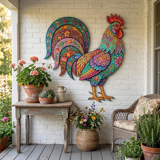 Colorful Folk Art Rooster Metal Wall Art – Boho Farmhouse Kitchen Decor, Gift For Country Home