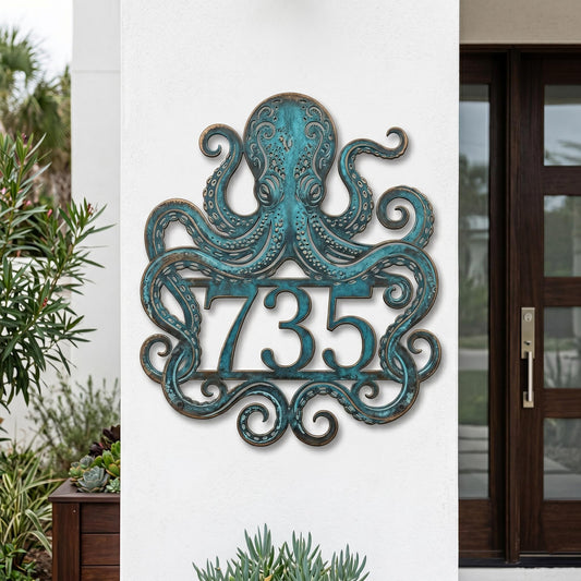 Personalized Octopus Address Sign – Custom House Number Patina Plaque, Gift For Beach House Coastal Decor