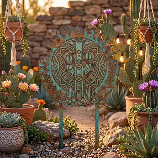 Southwestern Cactus Metal Garden Stake – Aztec Pattern Desert Yard Art, Gift For Cactus Lover Or Rock Garden