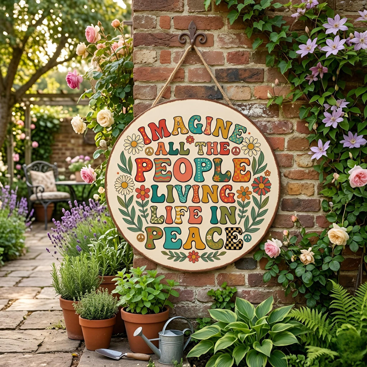 Imagine All The People Living Life In Peace Sign – Retro Groovy Floral Round Decor, Gift For Peace Lover