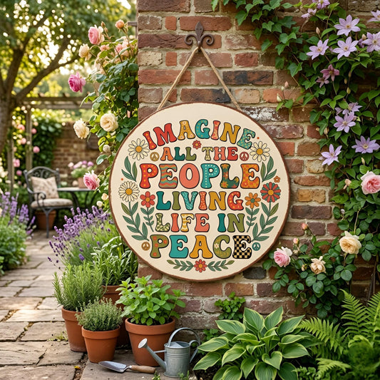 Imagine All The People Living Life In Peace Sign – Retro Groovy Floral Round Decor, Gift For Peace Lover