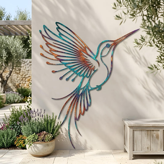 Colorful Hummingbird Metal Wall Art – Rainbow Patina Outdoor Bird Decor, Gift For Nature Lover
