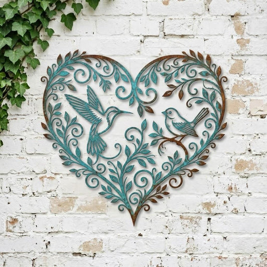 Hummingbird Heart Metal Wall Art – Rustic Patina Floral Vine Decor, Gift For Bird Lover