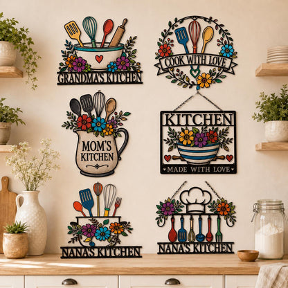 Personalized Kitchen Metal Wall Sign – Custom Name Utensil Floral Decor, Gift For Grandma Or Mom's Kitchen