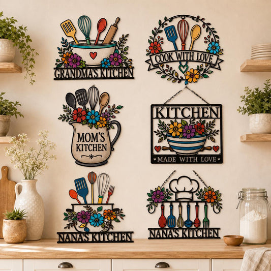 Personalized Kitchen Metal Wall Sign – Custom Name Utensil Floral Decor, Gift For Grandma Or Mom's Kitchen