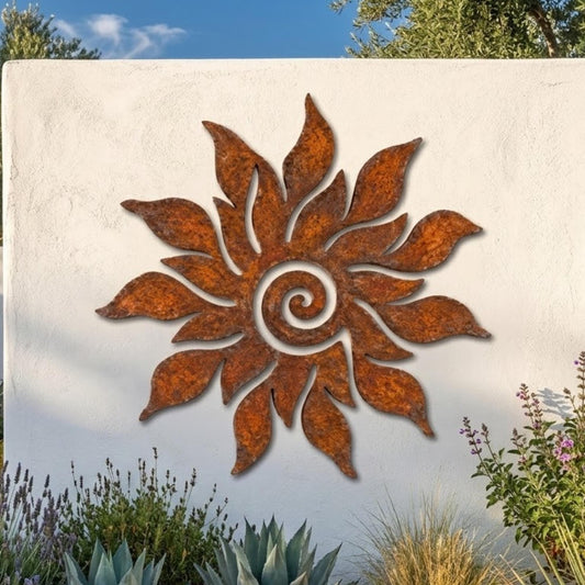 Rustic Sun Metal Wall Art – Spiral Flower Weathered Outdoor Sign, Gift For Garden Lovers