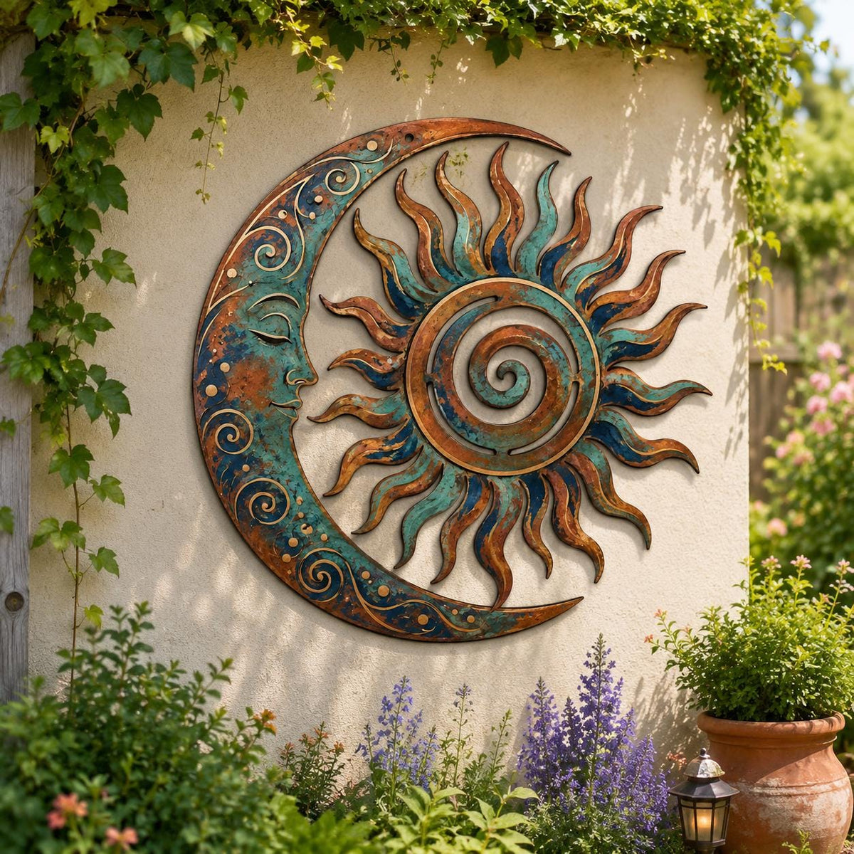 Sun & Moon Metal Wall Art – Colorful Celestial Garden Decor, Boho Patio Gift
