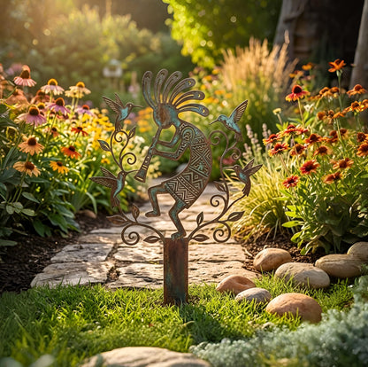 Kokopelli Garden Stake – Southwestern Flute Player & Hummingbird Metal Sign, Gift For Tribal Art Lovers