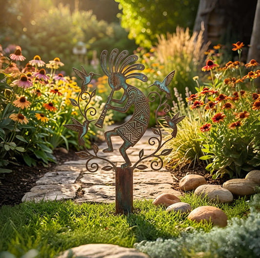 Kokopelli Garden Stake – Southwestern Flute Player & Hummingbird Metal Sign, Gift For Tribal Art Lovers