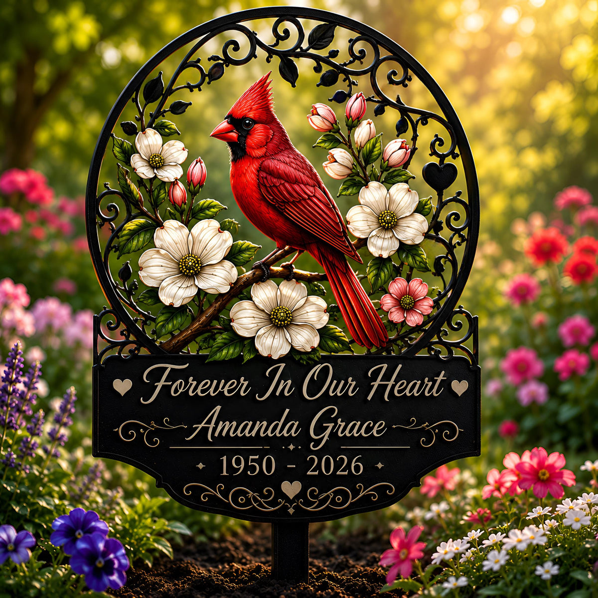 Personalized Cardinal Memorial Garden Stake – Custom Name Sympathy Sign With Flowers, Gift For Loss Of Mom Or Grandma