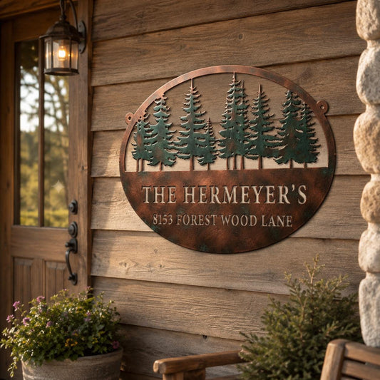 Personalized Family Name Metal Address Sign – Pine Tree Cabin Wall Decor, Gift For Homeowners